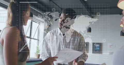 Collaborative business meeting with digital world map overlay