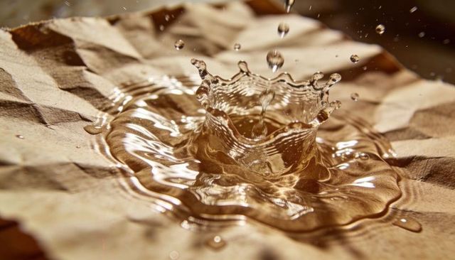 Golden water crown splash forming on crumpled kraft paper closeup abstract liquid texture