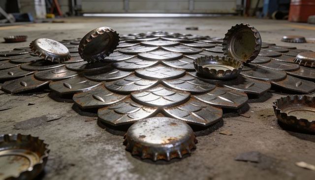 Rusty bottle caps on scalloped steel scales closeup, industrial workshop metal texture