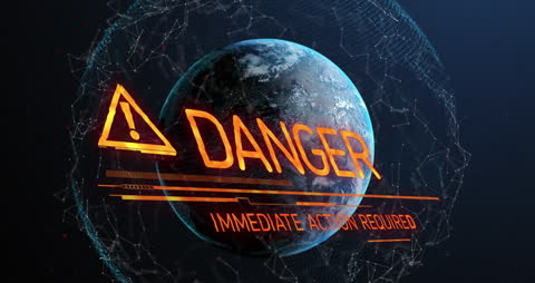 Digital Warning Sign Over Earth with Network Elements