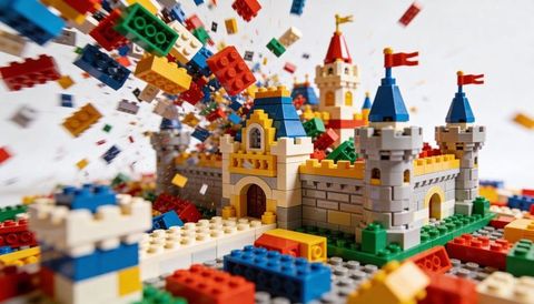Toy brick castle exploding with flying bricks, blue turrets and colorful interlocking blocks