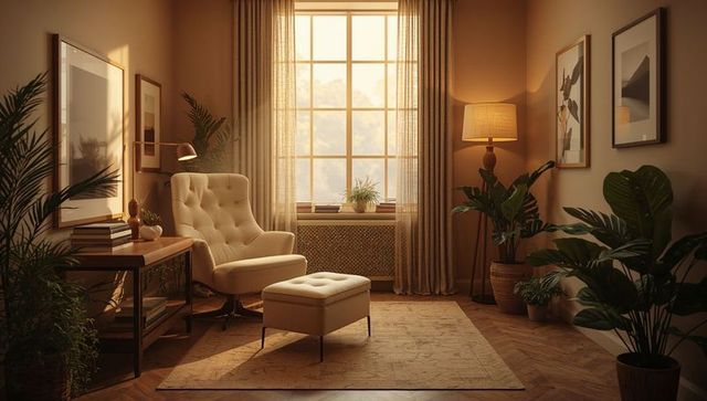 Tufted cream lounge chair basking in warm golden light in cozy living nook with ottoman
