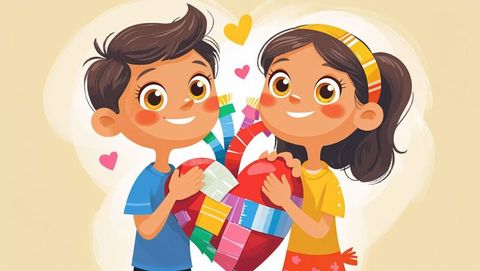Cartoon children sharing mended heart symbolizing friendship and forgiveness