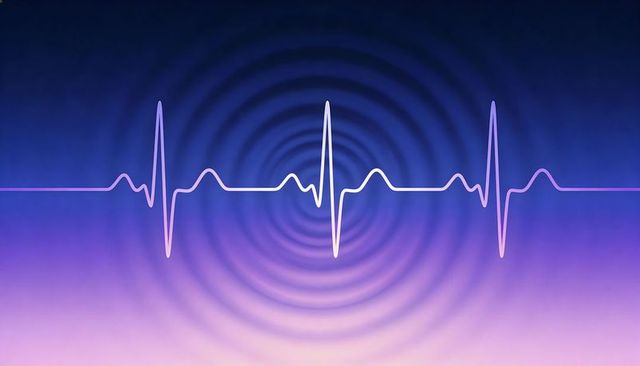 Neon ecg heartbeat waveform pulsing with concentric ripples on gradient