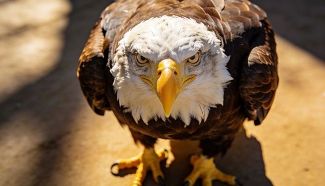 Bald eagle staring into camera showing hooked yellow beak and powerful talons on sunlit ground
