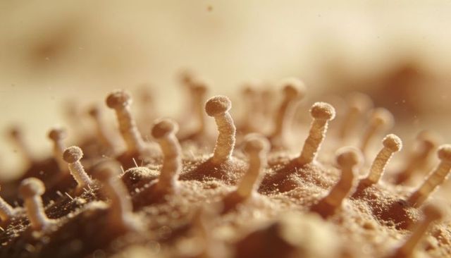 Macro close-up showing fuzzy mold sporangiophores releasing powdery spores on surface