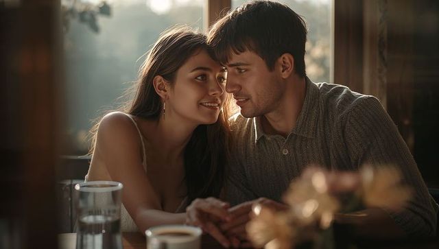 Sunlit couple leaning close at wooden table sharing intimate morning moment