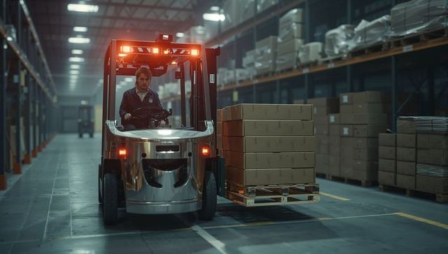 Forklift Operator Transporting Pallet in Busy Warehouse