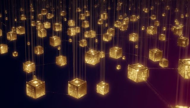 Glowing golden cubes suspended in dark networked space with filaments and ambient light