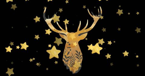Golden Antlered Deer Silhouette with Stars on Black Background