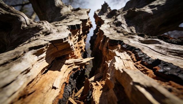 Revealing split tree trunk exposing jagged heartwood and charred bark in sunlight
