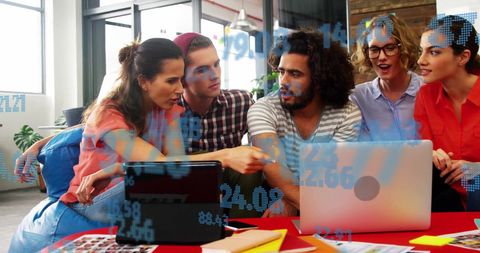 Diverse Colleagues Collaborating with Digital Data Overlays in Modern Office