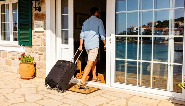 Man pulling suitcase and entering sunny coastal villa through sliding glass doors
