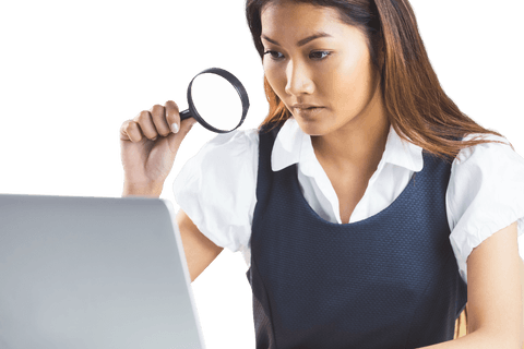businesswoman analyzing laptop display with magnifying glass transparent background - Download Free Stock Videos Pikwizard.com
