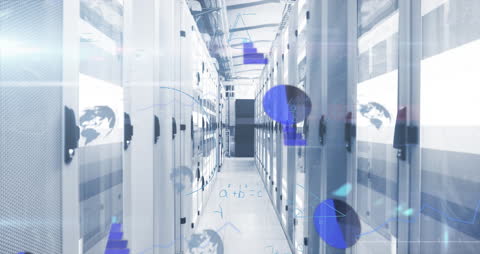 Futuristic Data Center with Overlaying Tech Symbols and Equations