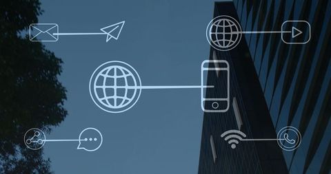 Urban connectivity icons linking globe, smartphone and messaging across twilight skyline