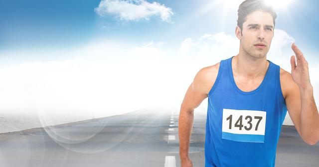 This image shows a male runner sprinting on a road with a dramatic sky and bright sunlight. Ideal for use in promotions related to fitness, athletics, running events, marathons, and sports training programs. It can also be used for motivational materials conveying determination and vigor.