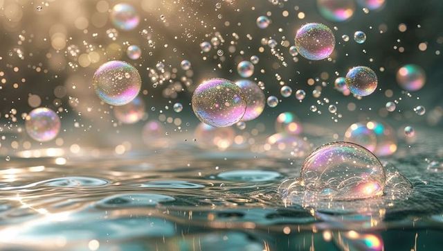 Floating Soap Bubbles Reflecting Light Over Water Surface