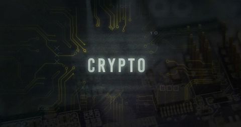 Crypto text displayed over circuit board background