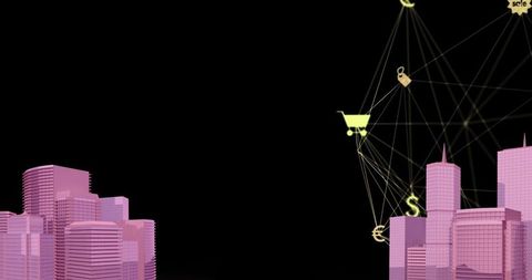 Digital Connections Over Vibrant Pink Futuristic Cityscape Model