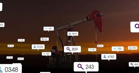 Oil pump at sunset surrounded by floating digital icons