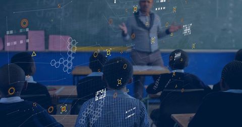 Futuristic Classroom with Augmented Reality Learning Overlays and Teacher Leading Lesson
