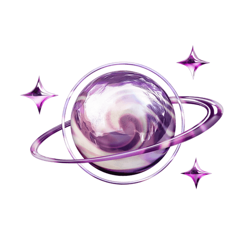 Transparent marbled planet with purple rings and stars