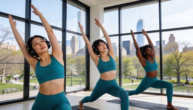 Practicing guided urban yoga wearing headphones in sunlit studio with city skyline