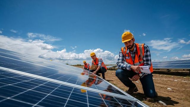 Engineers inspecting ground-mounted solar panels wearing high-visibility vests, hard hats