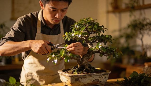 Man pruning bonsai tree on workbench shaping miniature garden with precision shears in rustic worksh