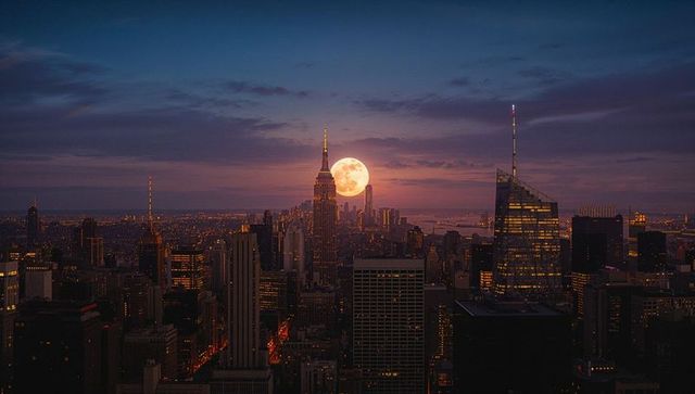 Full Moon Over Manhattan Skyline Illuminates Iconic Empire State Building