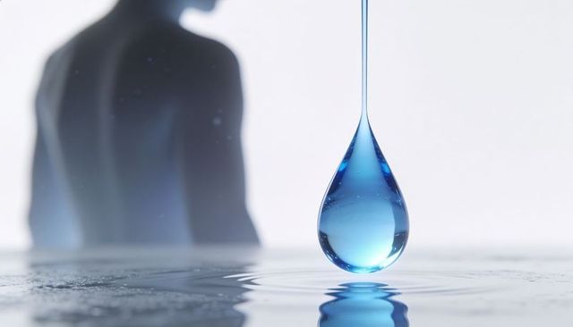 Floating blue droplet hovering above rippling surface blurred shirtless torso profile