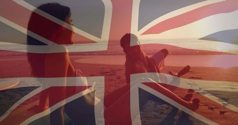 Sunset Beach Couple Under Union Jack Overlay