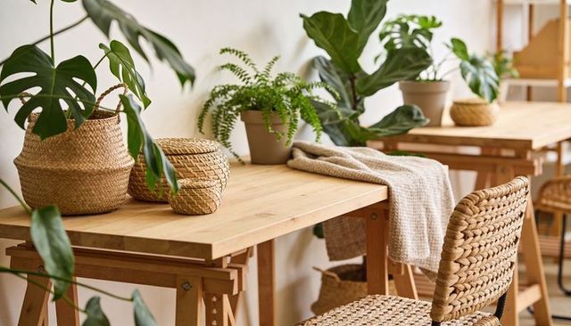 Cozy boho workspace with wooden trestle desk, woven baskets, knit throw and greenery