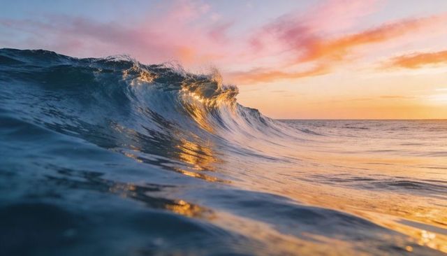 Curling teal wave reflecting golden sunset light, glassy ocean surface at dusk