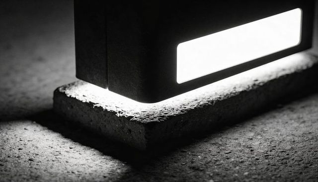 Minimal LED Bollard Emitting Rectangular Glow on Concrete Slab Casting Dramatic Shadows