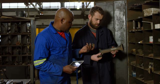 Industry Workers Examining Metal Part in Workshop - Download Free Stock Images Pikwizard.com