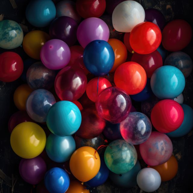 Colorful array of balloons, perfect for any festive occasion or party atmosphere. This image is ideal for birthday celebrations, weddings, or any joyful gathering. Use to enhance invitations, event posters, or festive social media posts.