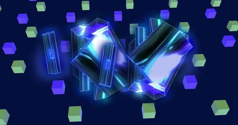 Floating luminous crystal prisms with neon voxel cubes in deep navy futuristic backdrop
