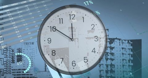Overlapping Clock and Cityscape with Data Charts - Download Free Stock Images Pikwizard.com