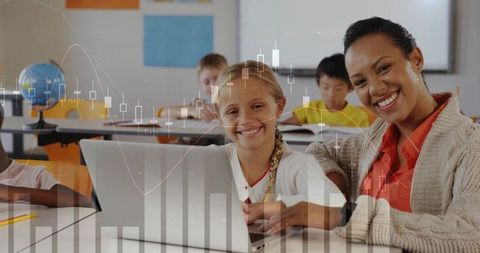 Teacher and Student Collaborating on Laptop in Bright Classroom, Digital Learning Mentorship