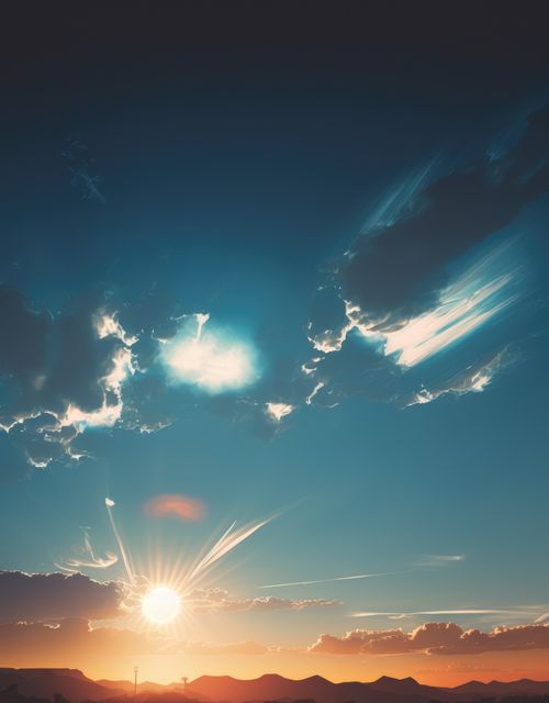 Scenery with clouds, sky and sunset, created using generative ai technology. Cloud and sky scenery, weather and beauty in nature concept digitally generated image.