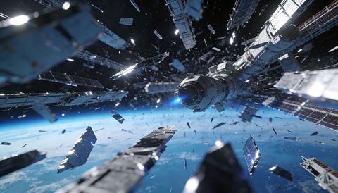 Spacecraft module firing thruster through orbital debris and solar wreckage over earth