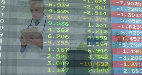 Doctor Reviewing Tablet Amid Financial Market Data Overlay for Healthcare Finance Concept