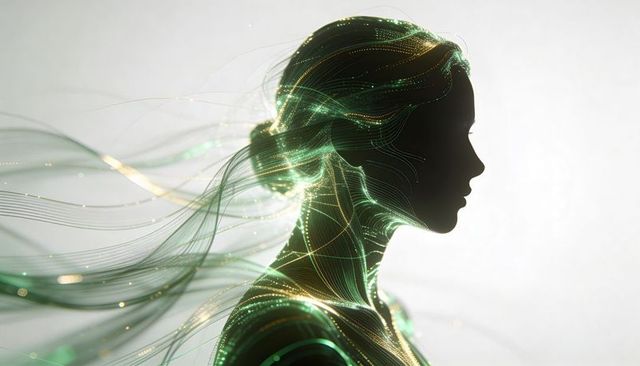 Luminous ai female silhouette with flowing neon circuits and green-gold filaments