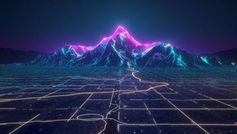 Neon mountain summit over futuristic grid with winding light path, synthwave nightscape