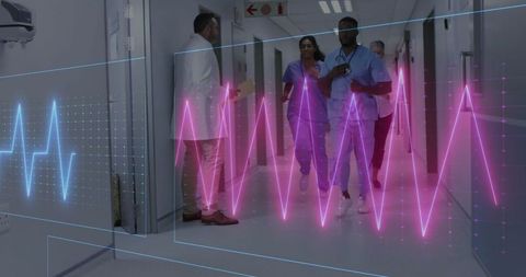Medical Data Overlay with Doctors in Hospital Hallway