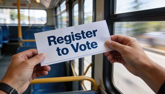 Holding register to vote sign on city bus hands showing wristwatch motion blur