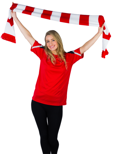 Transparent background of smiling female football fan wearing red shirt raising team scarf - Download Free Stock Videos Pikwizard.com