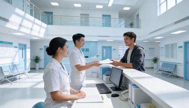 Hospital reception staff assisting patient checking in at bright modern medical lobby with computer